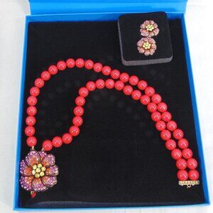 New Heidi Daus "Simply Irresistible" Red Flower Necklace & Earrings Set w/Box